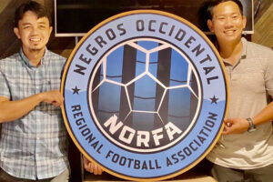 NEW LOGO. Newly elected  Negros Occidental Region Football Association (NORFA) President Miggy Valmayor (right) with NORFA General Secretary Agustine Rey Rivas. (Contributed photo)