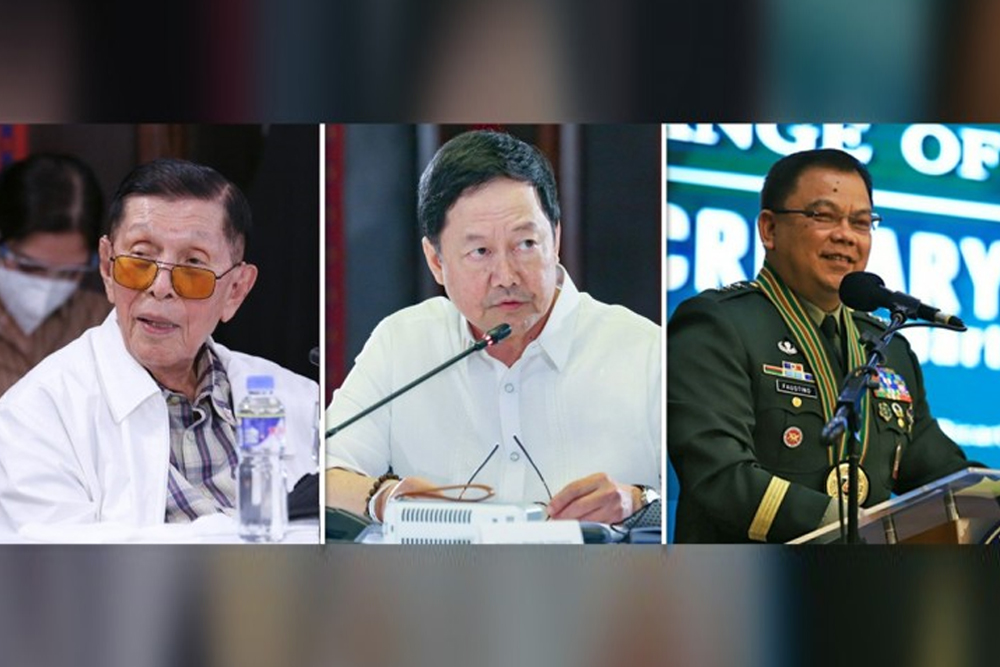 Former Senator Juan Ponce Enrile (left); Justice Secretary Menardo Guevarra (center) and retired AFP chief Jose Faustino Jr. (right) (File photos)