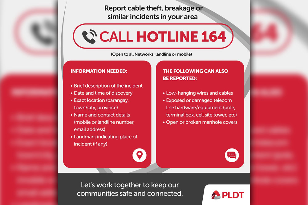 PLDT activates Hotline 164 for reporting cable theftq