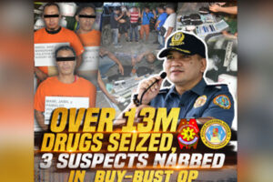 BUTUAN CITY – Authorities arrested three drug suspects and seized PHP13.6 million worth of “shabu” in a buy-bust Tuesday night in Barangay Lipata, Surigao City, police officials said. In a report Wednesday, Police Regional Office-Caraga Region (PRO-13) Director Brig. Gen. Kirby John Kraft said the confiscated illegal drugs weighed some two
