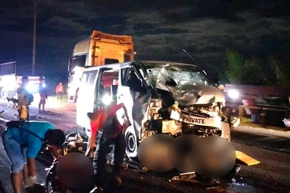 HEAD-ON COLLISION. The damaged commuter van that collided with the two motorbikes along the national highway of Barangay Kayaga, Kabacan, North Cotabato on Monday night (Nov. 27, 2023). Four victims onboard the motorbikes died in the incident. (Photo courtesy of Reinabai Otto)