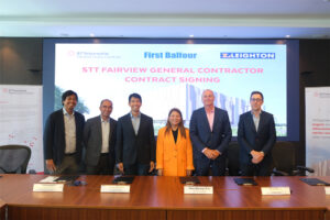 From left: Pierre Albert San Diego, ST Telemedia Global Data Centres Philippines Head of Design and Construction; Jose Valentin “Joval” Pantangco, Jr., First Balfour, Deputy Chief Operating Officer; Carlo Malana, ST Telemedia Global Data Centres Philippines President and CEO; Rizza Maniego-Eala, Globe Chief Finance Officer and STT GDC Philippines Chairman of the Board; Brad Davey, Leighton Asia, Managing Director; and Dan Pointon, ST Telemedia Global Data Centres Chief Technology Officer in a ceremonial signing at The Globe Tower, Taguig City, November 13, 2023. (Photo supplied)