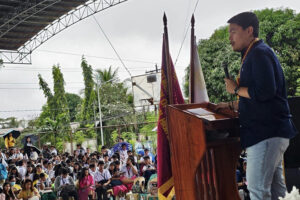 BE PART OF THE SOLUTION - Mambajao Mayor Yñigo Romualdo urging campus journalists from Camiguin to be part of the solution, not part of the problem, during the Division Schools Press Conference at Yumbing, Mambajao, Camiguin, February 1, 2024. [Photo courtesy of Lorie Carrasco]