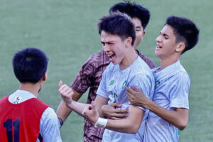 CELEBRATION. CdO kid Andy Lugod (right) celebrates with his teammates after striker (left) Fil-Swedish Bacchus Ekberg scores goal in one of their UAAP juniors match in UP Diliman pitch in Quezon City (Contributed photo)