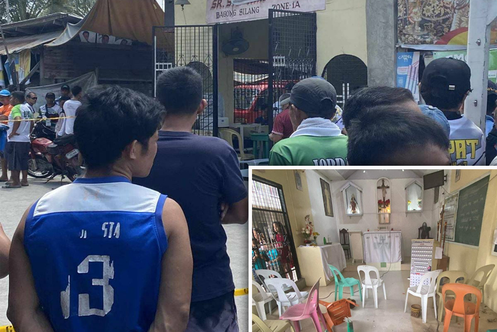 BLAST. Civilians and village officials mill outside Sto. Nino Chapel in Barangay Rosary Heights 3, Cotabato City, following a grenade attack (inset) that left two churchgoers injured on Sunday morning (May 19, 2024). A village watchman said two men aboard a motorbike tossed the grenade. (Photo courtesy of DXOL-FM Cotabato)